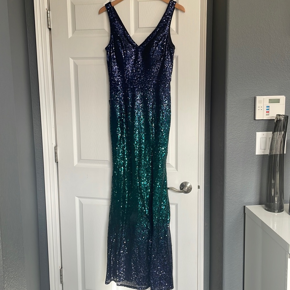 Sparkly blue and green prom dress